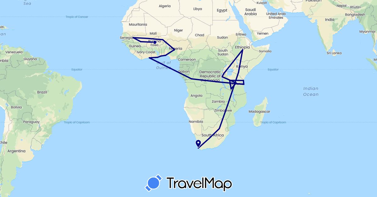 TravelMap itinerary: driving in Burkina Faso, Burundi, Democratic Republic of the Congo, Côte d'Ivoire, Ethiopia, Ghana, Kenya, Mali, Niger, Nigeria, Rwanda, Togo, Tanzania, South Africa (Africa)